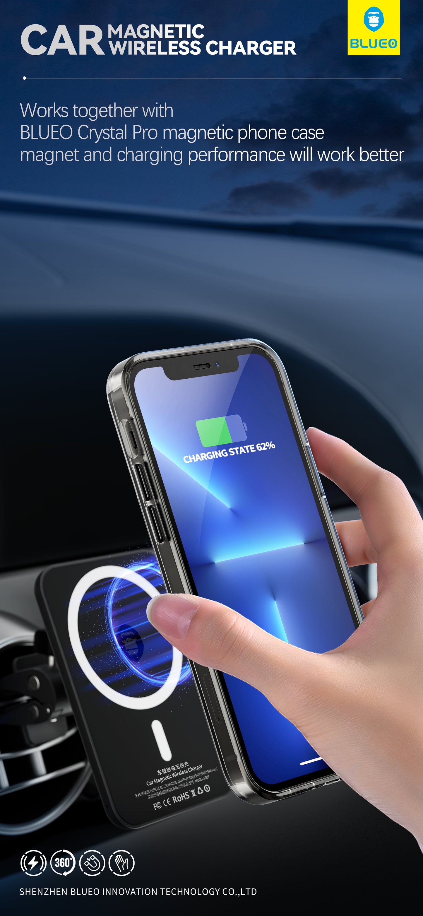 BLUEO Car Magnetic Wireless Charger 5W/7W/10W/15W (Max)