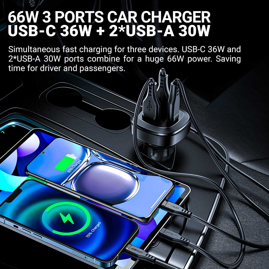 ACEFAST B9 66W (2USB-A+USB-C) Three Port Metal Car Charger